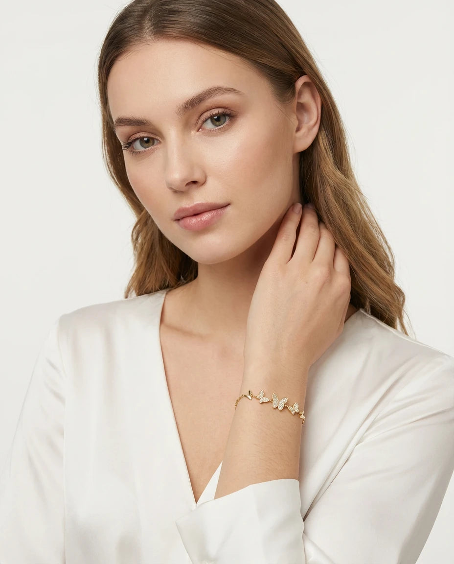 narukvica 14k zuta pozlata leptiri biseri cubic zirconia cirkoni elegantna
