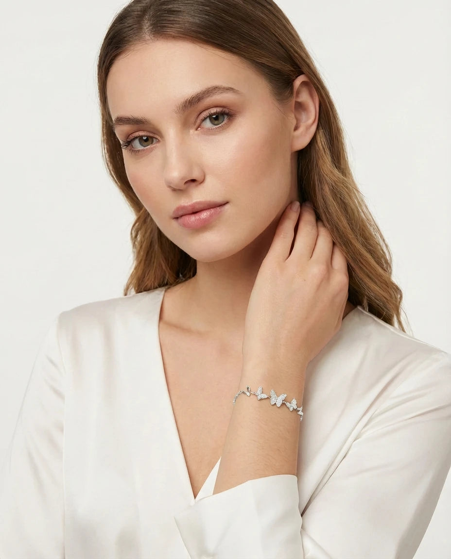 narukvica srebro 925 rodijum leptiri biseri cubic zirconia cirkoni elegantna
