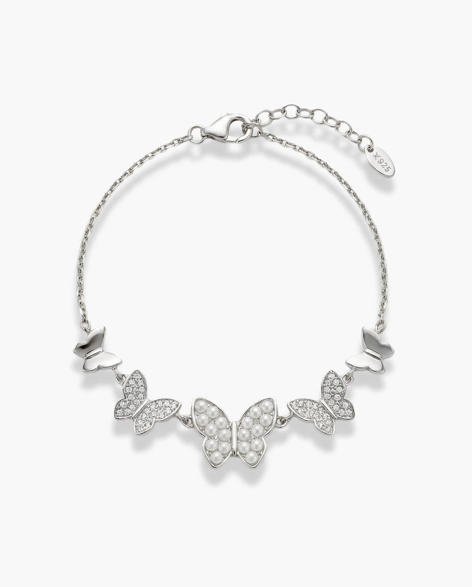 narukvica srebro 925 rodijum leptiri biseri cubic zirconia cirkoni elegantna
