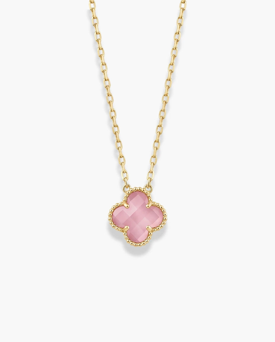 ogrlica 14k zuta pozlata detelina roze privezak