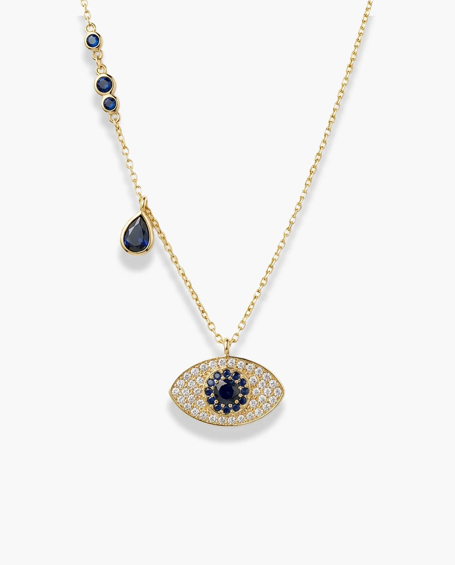 ogrlica 14k zuta pozlata evil eye plavi cubic zirconia cirkoni privezak