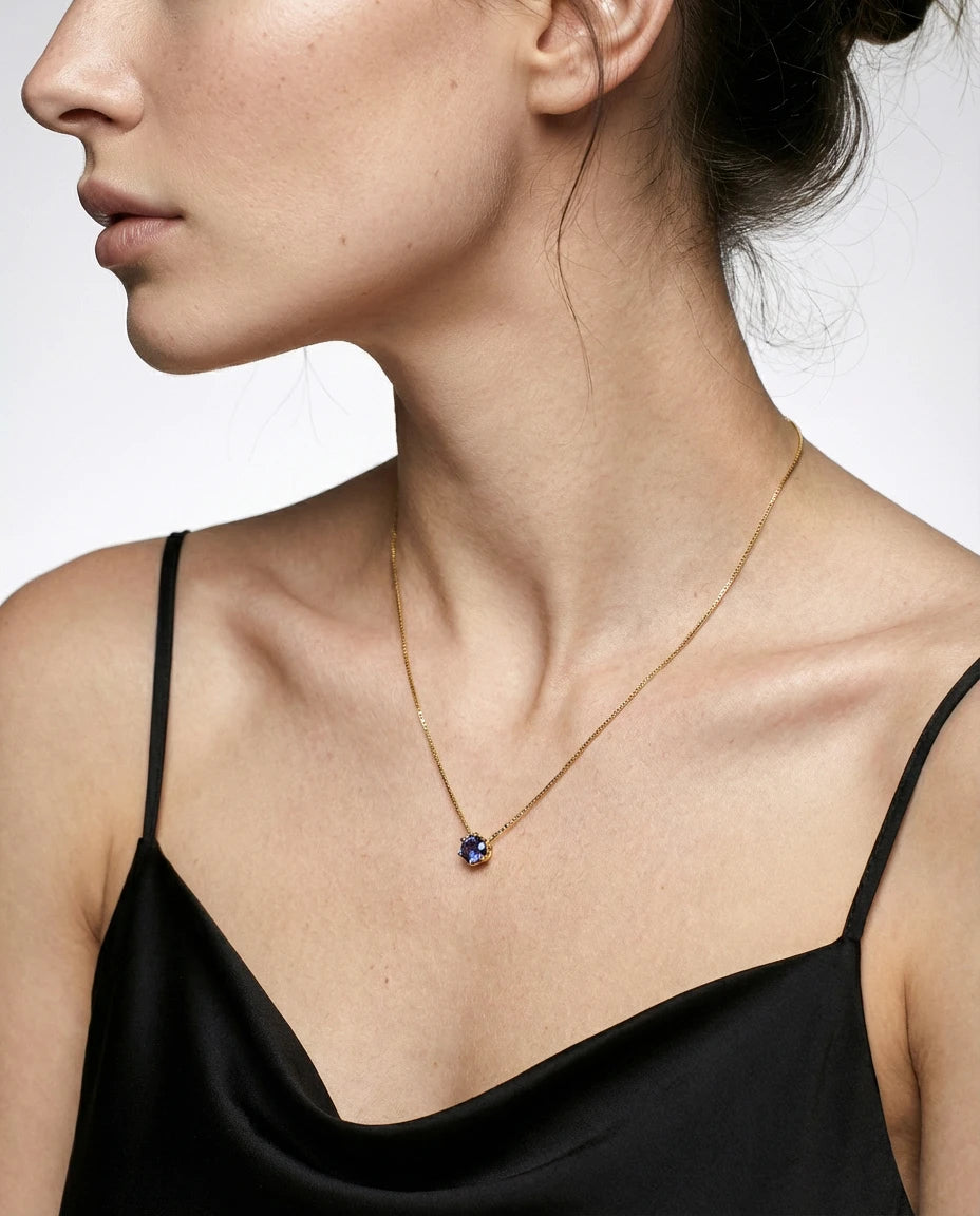 ogrlica 14k zuta pozlata plavi cubic zirconia cirkon jedan kamen