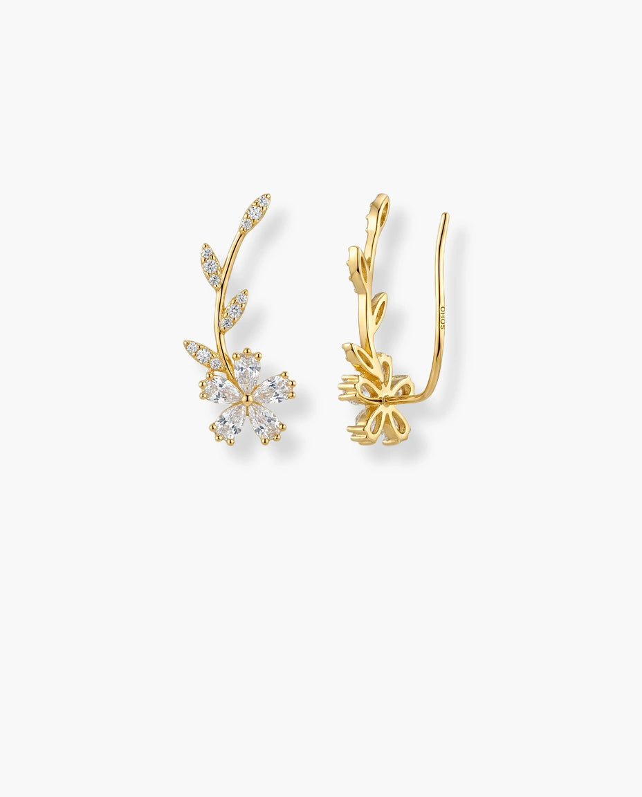 penjalice 14k zuta pozlata cvet i listici beli cubic zirconia cirkoni