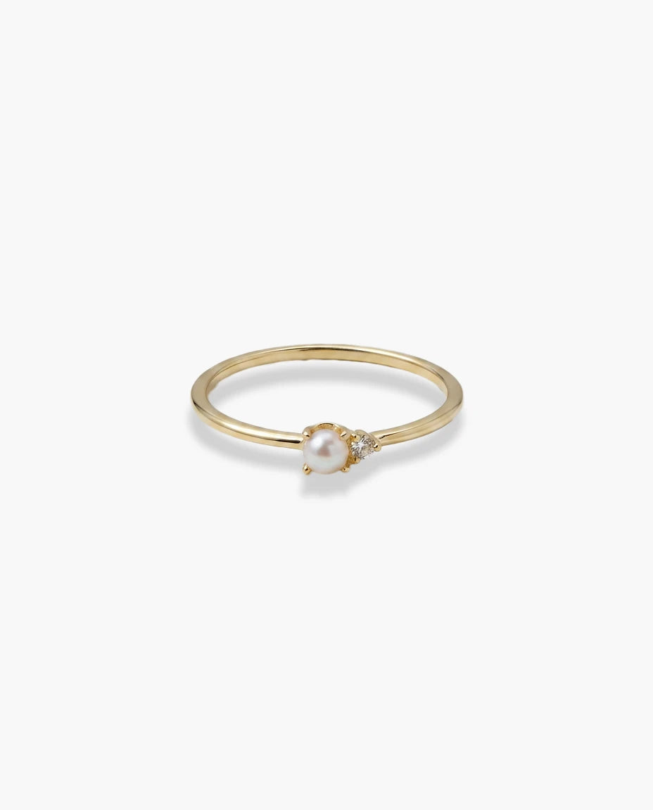 prsten 14k zuta pozlata biser i cubic zirconia cirkon minimalisticki