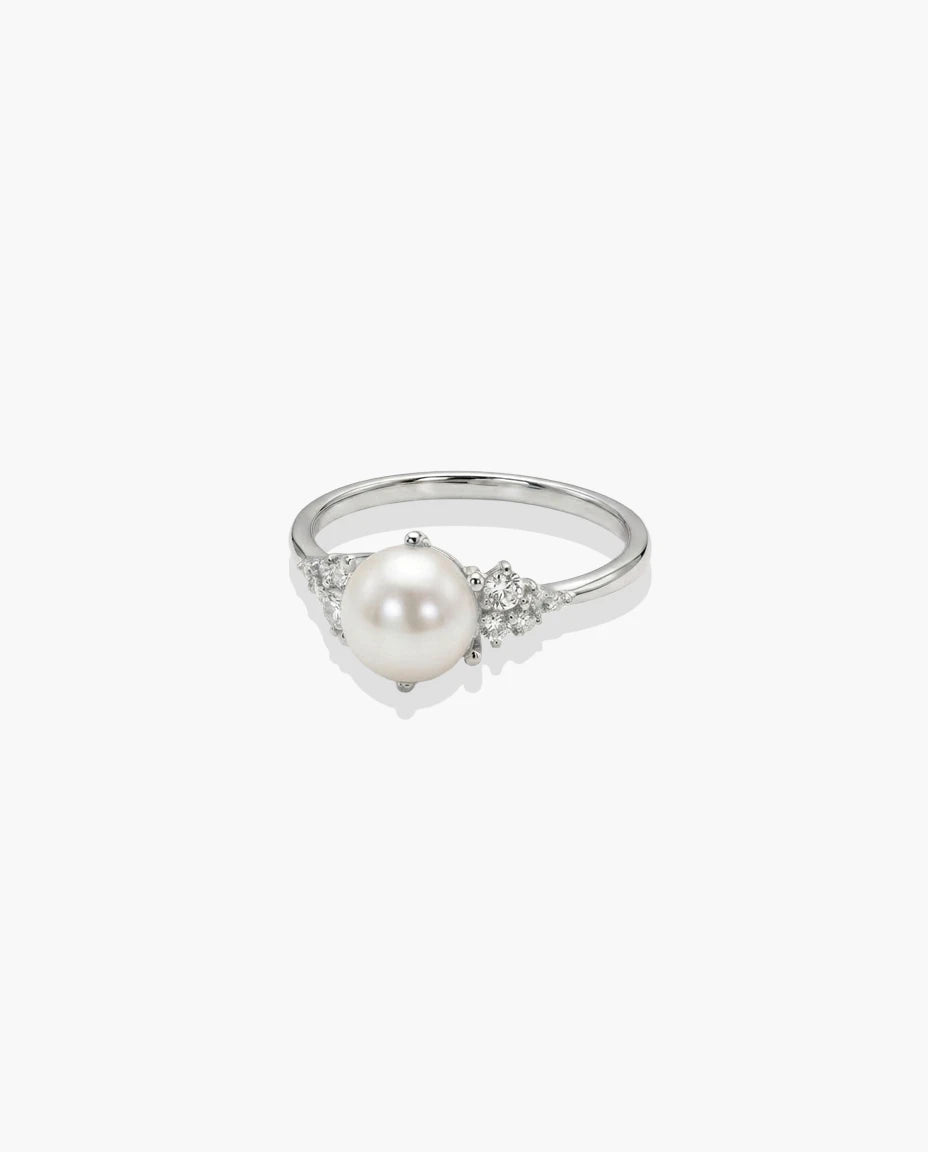 prsten srebro 925 rodijum centralni biser beli cubic zirconia cirkoni elegantan