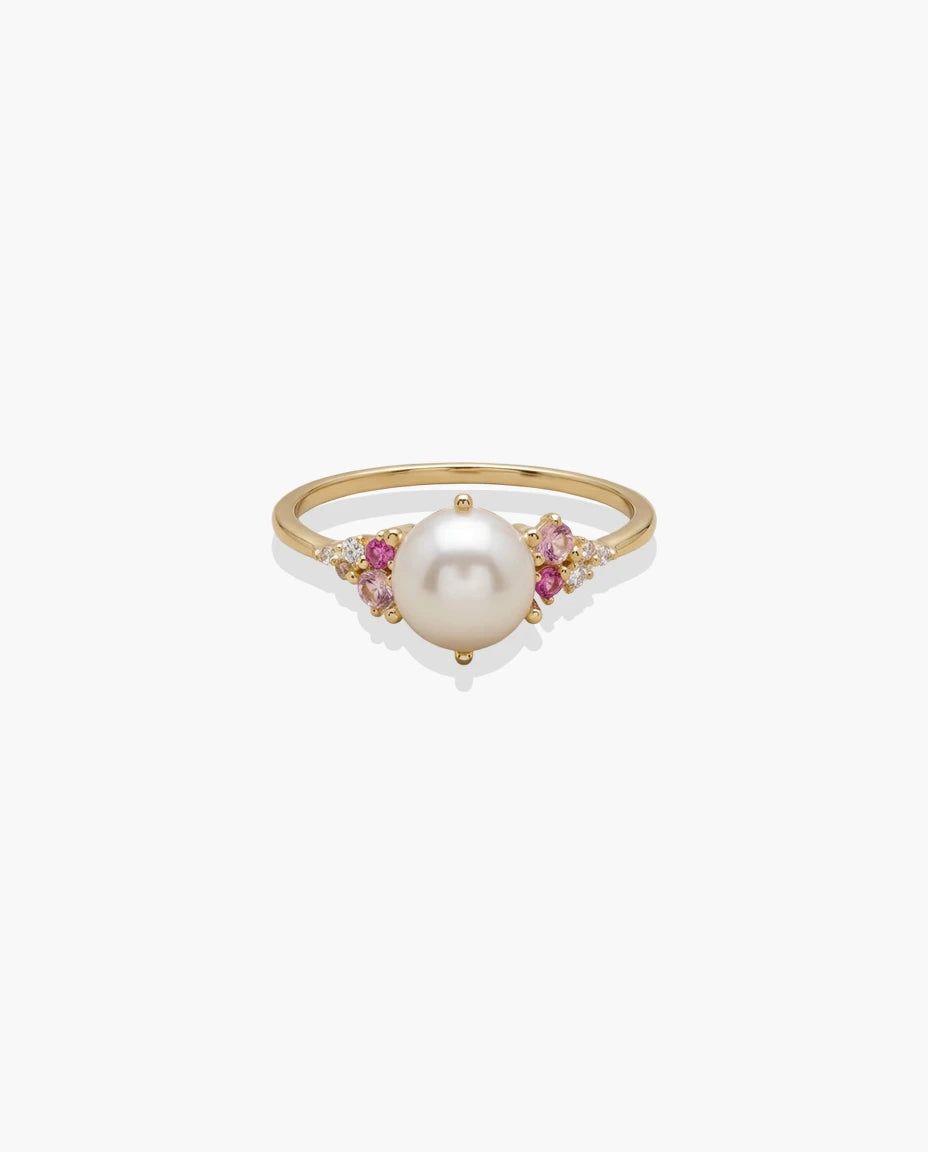 prsten 14k zuta pozlata centralni biser roze cubic zirconia cirkoni elegantan