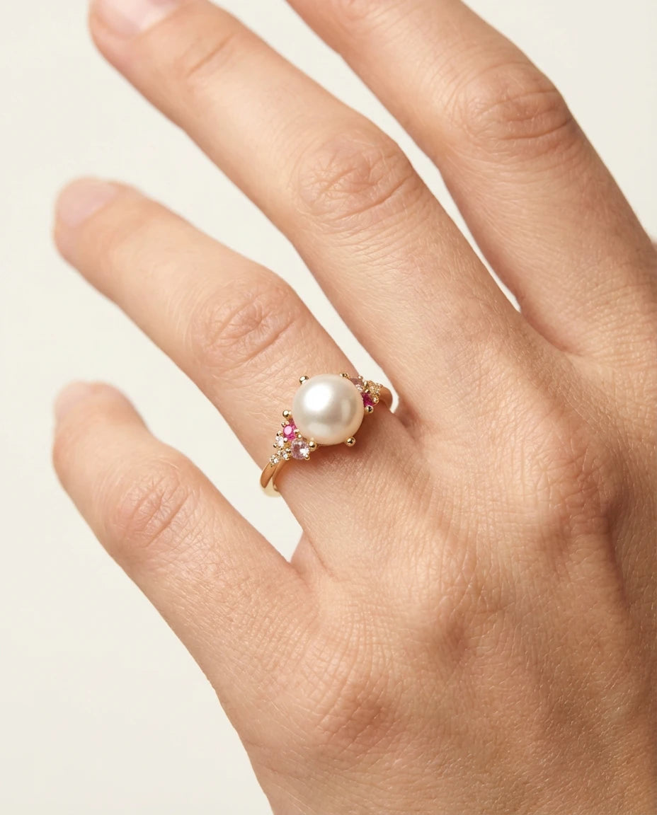 prsten 14k zuta pozlata centralni biser roze cubic zirconia cirkoni elegantan