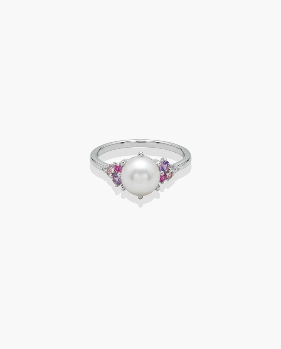 prsten srebro 925 rodijum centralni biser roze cubic zirconia cirkoni elegantan