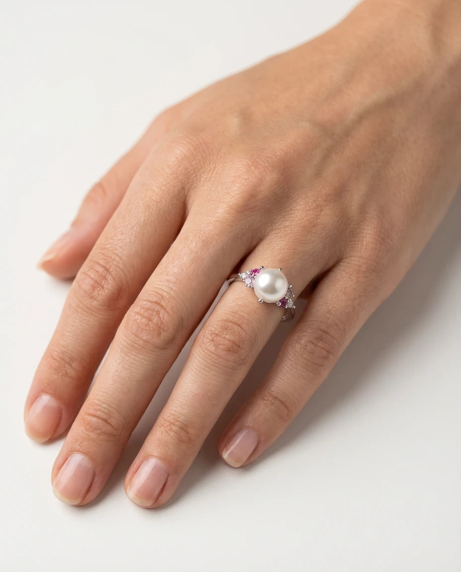 prsten srebro 925 rodijum centralni biser roze cubic zirconia cirkoni elegantan