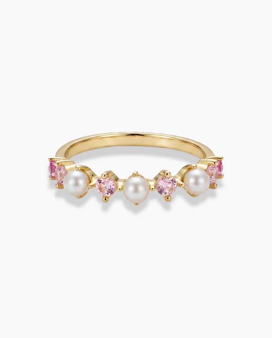prsten 14k zuta pozlata biseri i roze cubic zirconia cirkoni