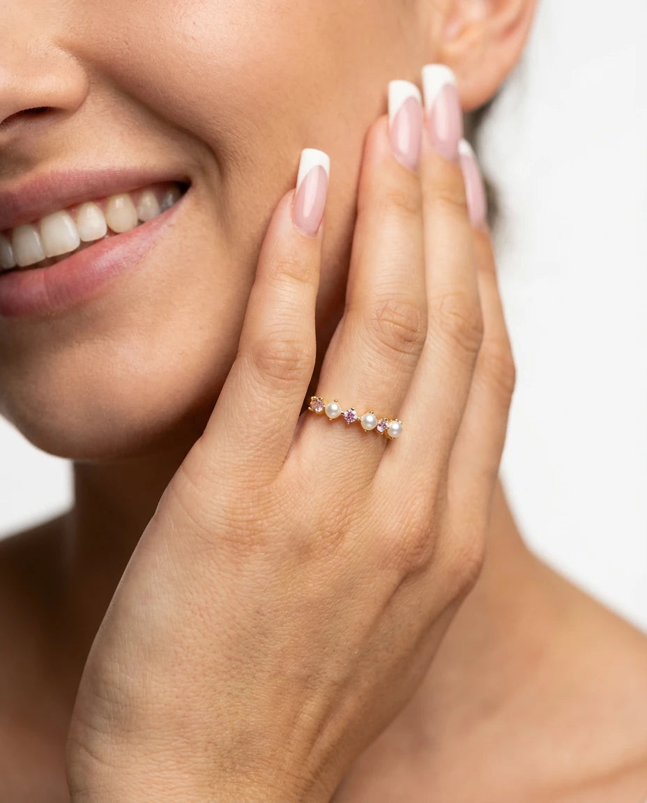 prsten 14k zuta pozlata biseri i roze cubic zirconia cirkoni