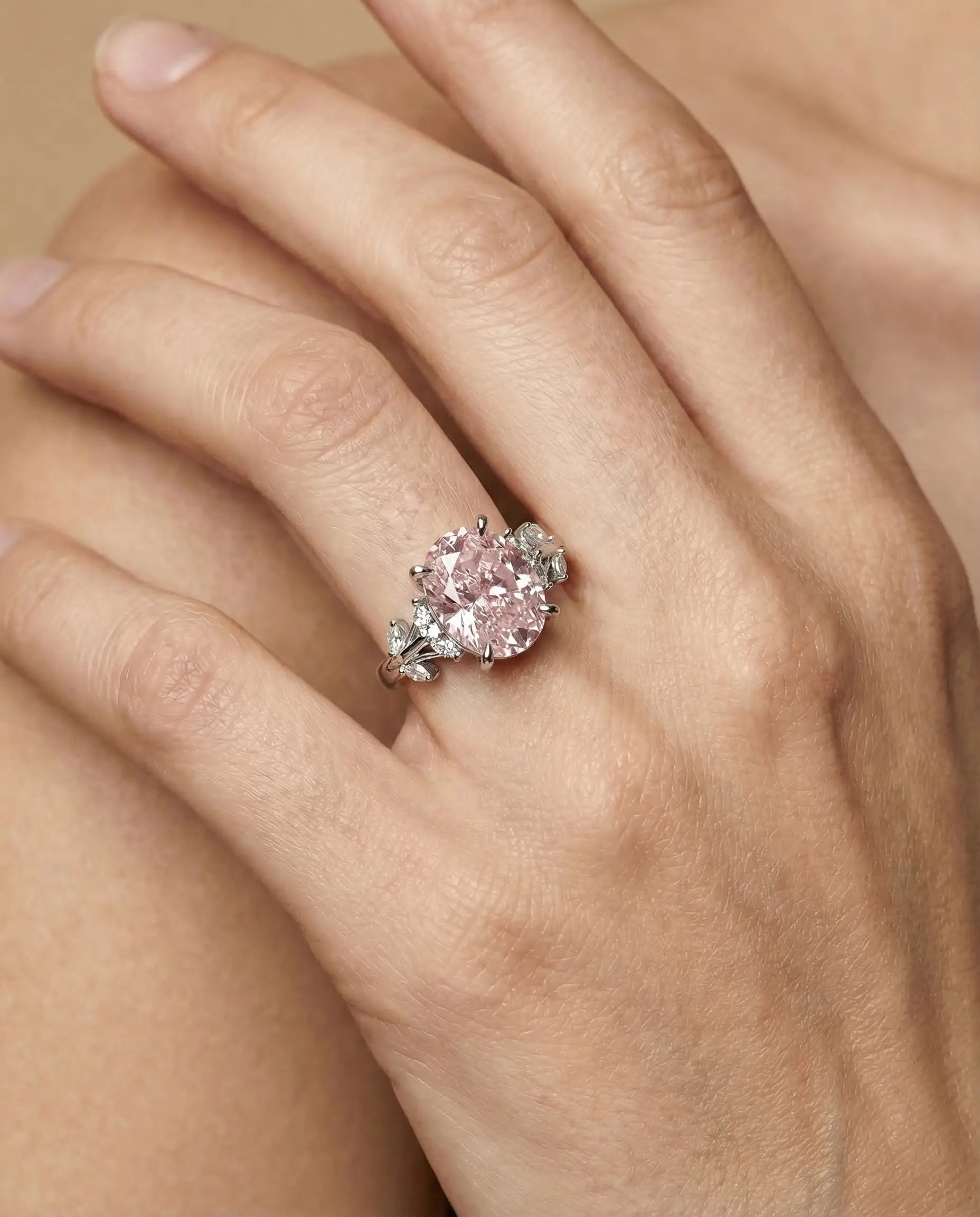 Image of srebrni prsten rodijum roze ovalni cubic zirconia cirkon